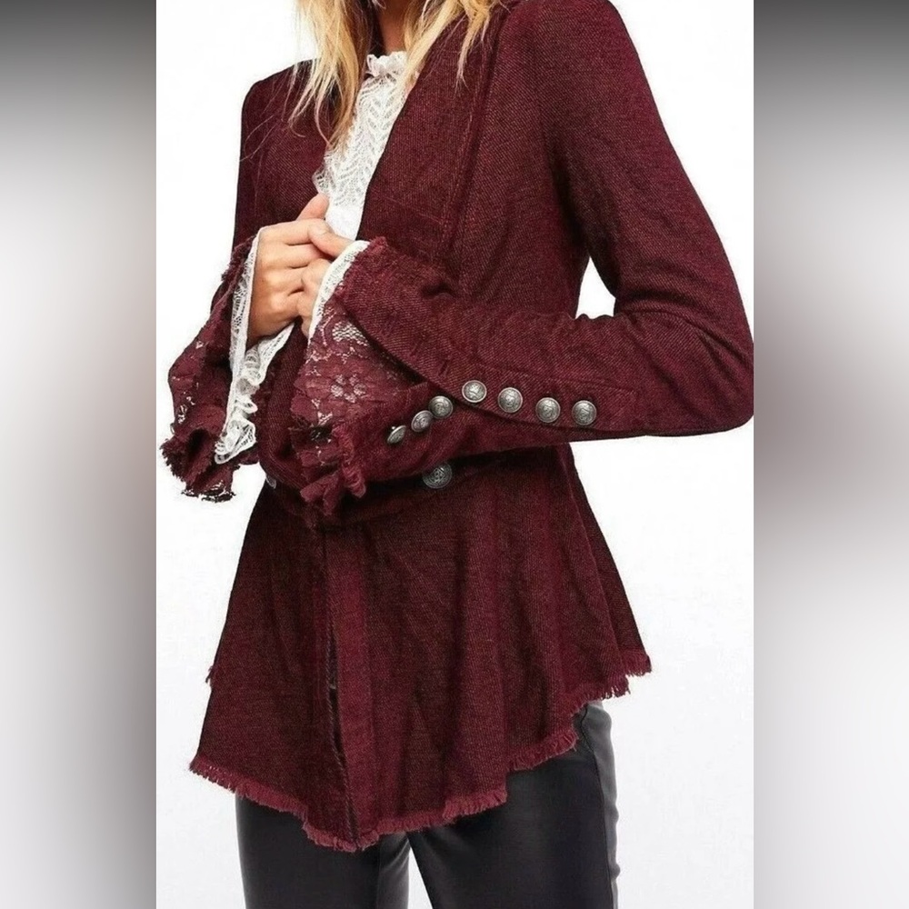 Free People Throwback Military Corduroy Flared Sleeve Blazer in Wine XS
